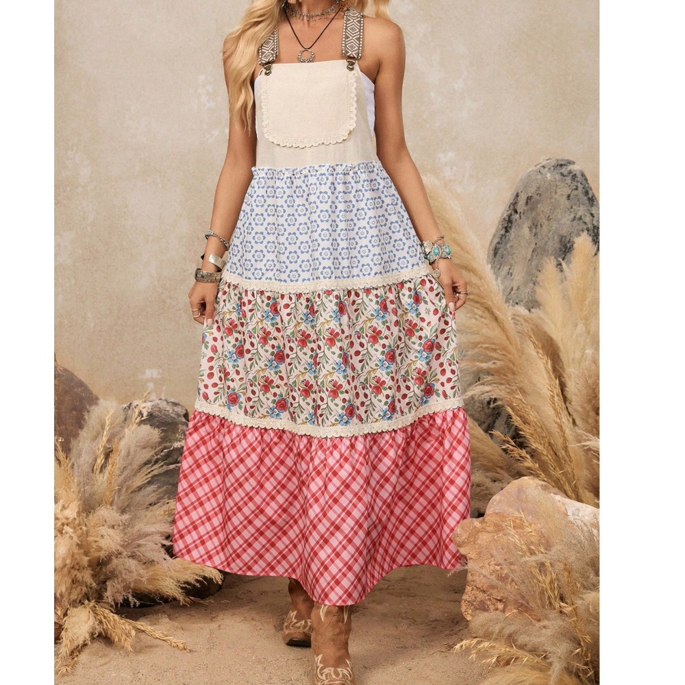 Western Floral Plaid Print Cotton Overall maxi Dress